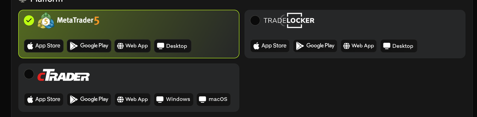 Platform options — MetaTrader 5 selected, plus TradeLocker and cTrader